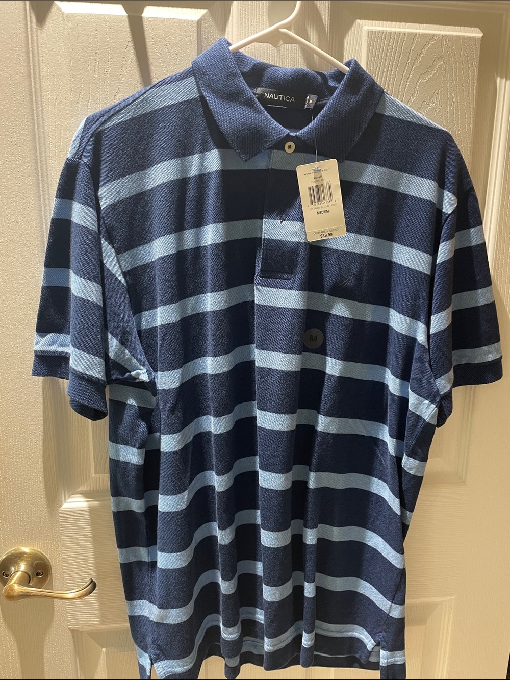 Nautica Men's Dark Navy and Light Blue Striped Polo